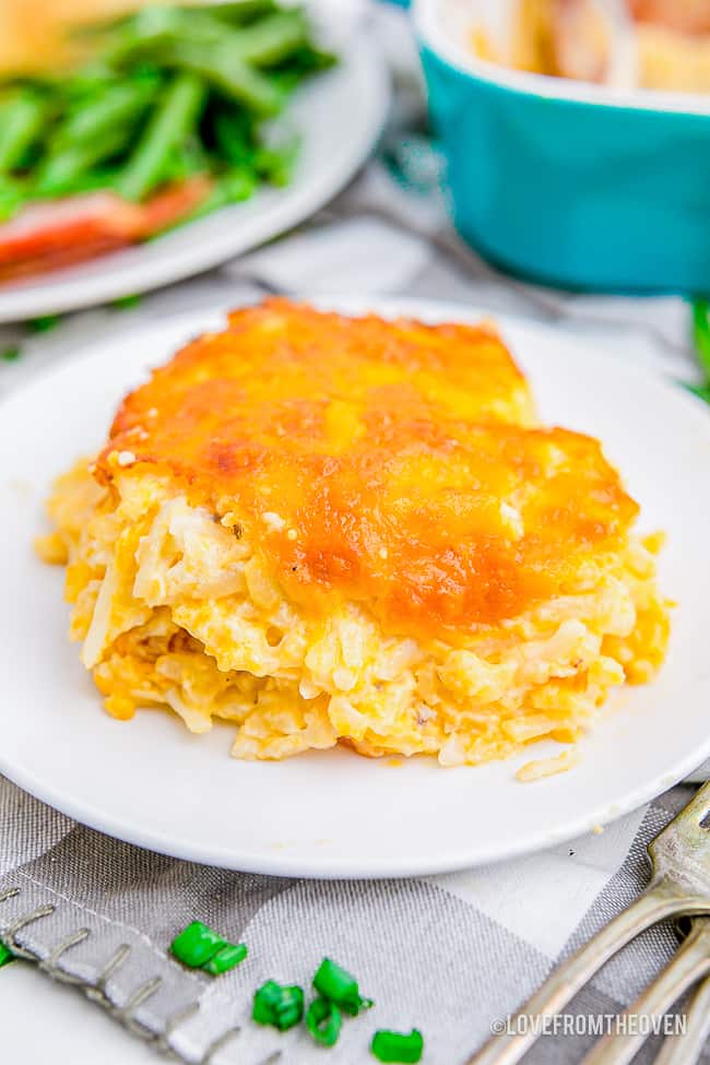 a serving of cracker barrel hashbrown casserole on a white plate