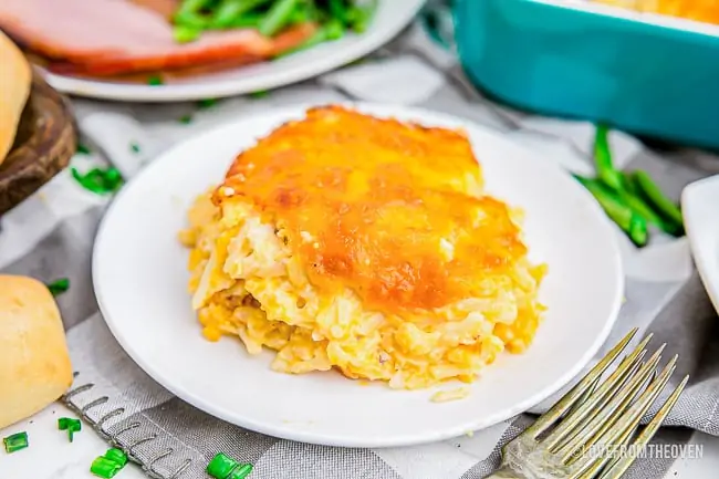 a plate of chessy cracker barrel hashbrown casserole