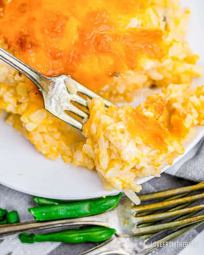 a close up photo of a cheesy hashbrown casserole