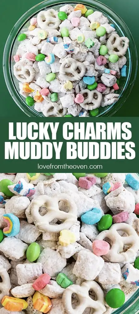 Bowls of muddy buddies snack mix on green background