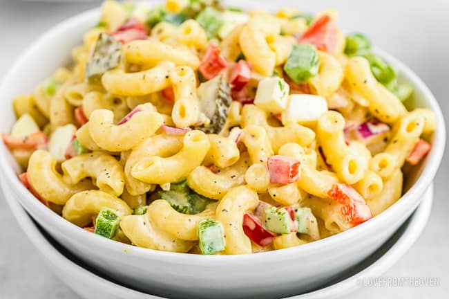 A bowl of old fashioned macaroni salad