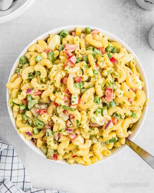 a bowl of old fashioned macaroni salad