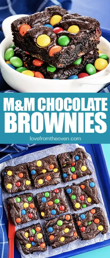 photos of chocolate brownies with M&M candies on top
