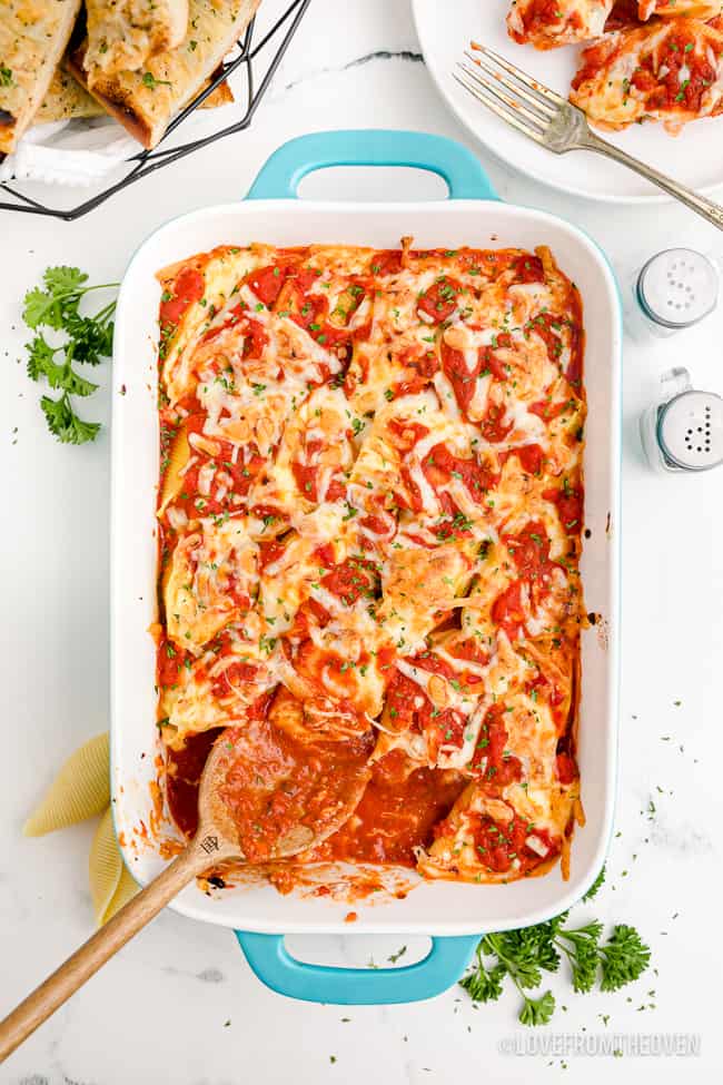 a pan full of ricotta stuffed shells