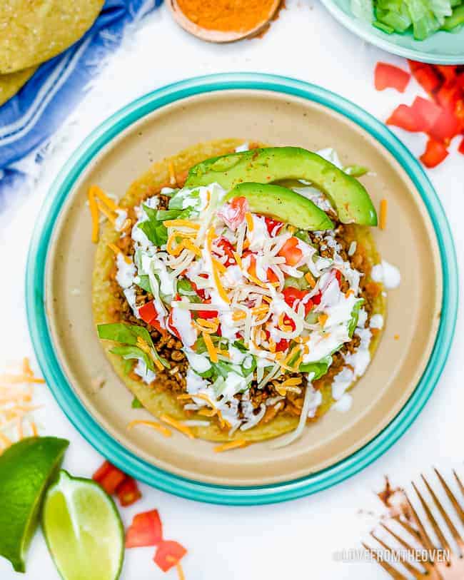 overhead shot of beef tostadas