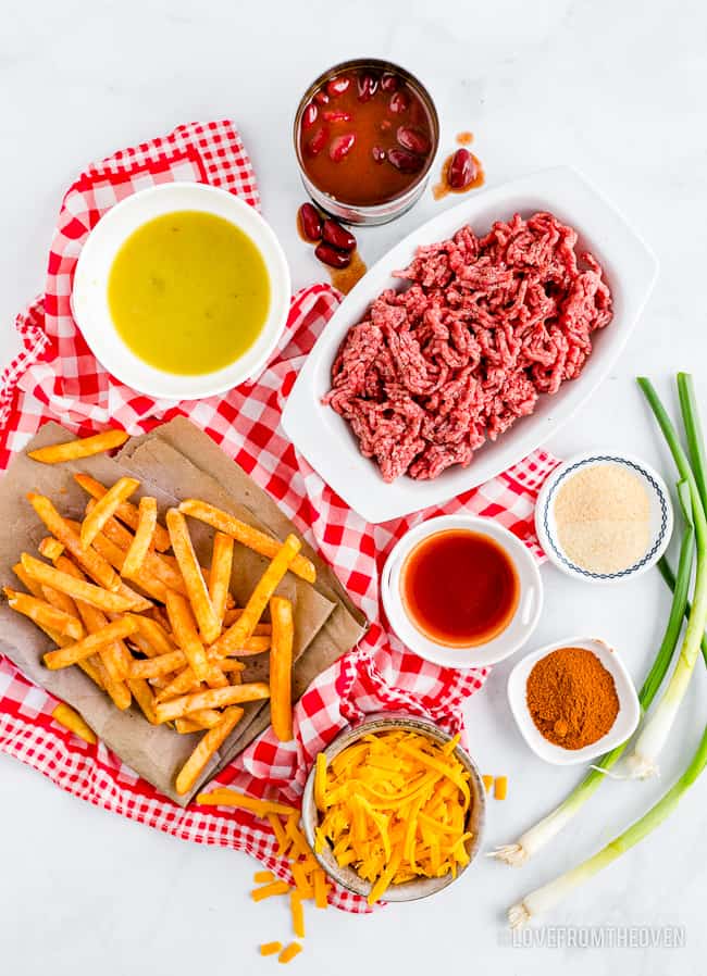 ingredients for making chili and cheese fries