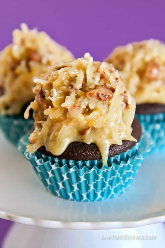 coconut frosting on chocolate cupcakes