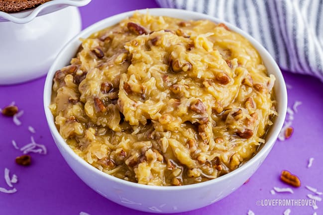 A bowl of frosting to go on a german chocolate cake