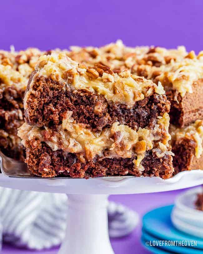 A close up of a slice of bakers german chocolate cake