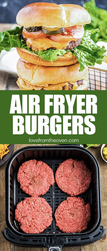 photos of cheeseburgers and hamburger patties in an air fryer