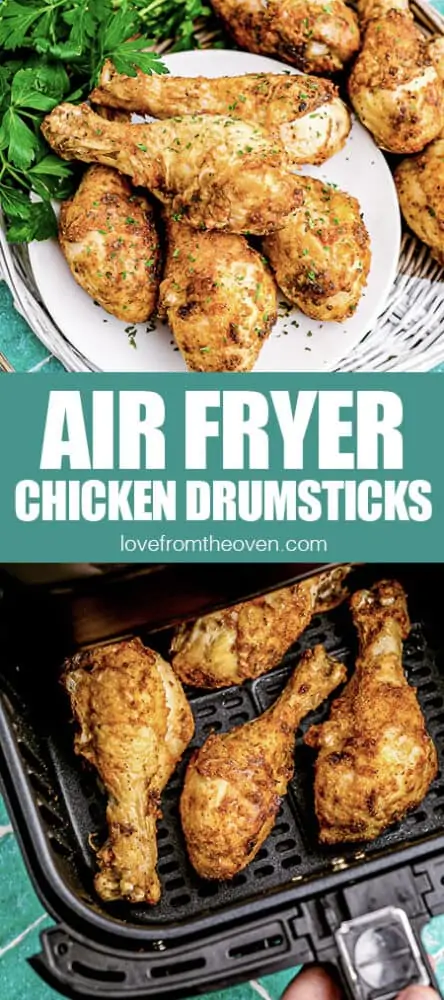 photos of chicken drumsticks on a plate and in an air fryer