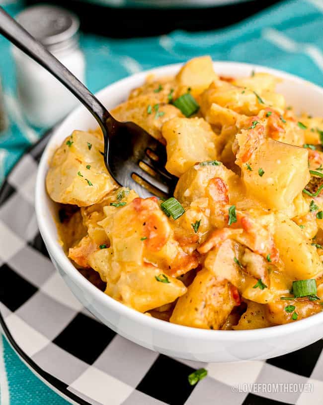 A bowl of cheesy potatoes made in an instant pot