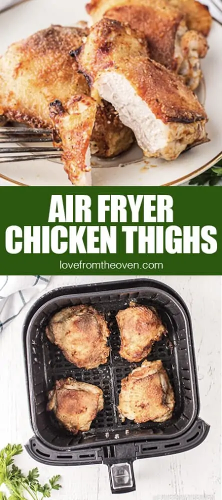chicken thighs in an air fryer and on a plate