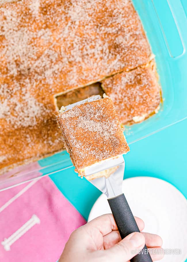 A pan of churro cheesecake bars