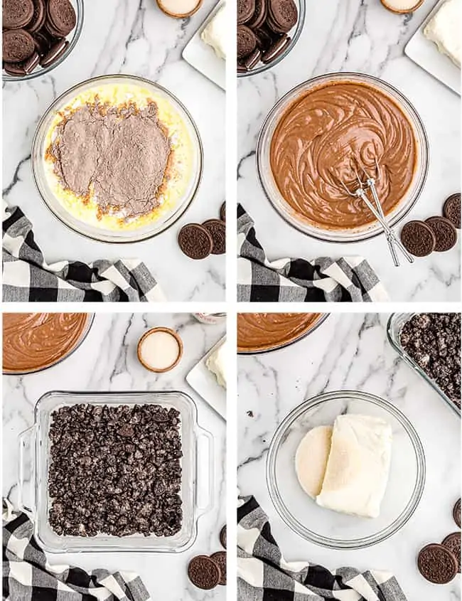 Step by step photos showing how to make dirt cake