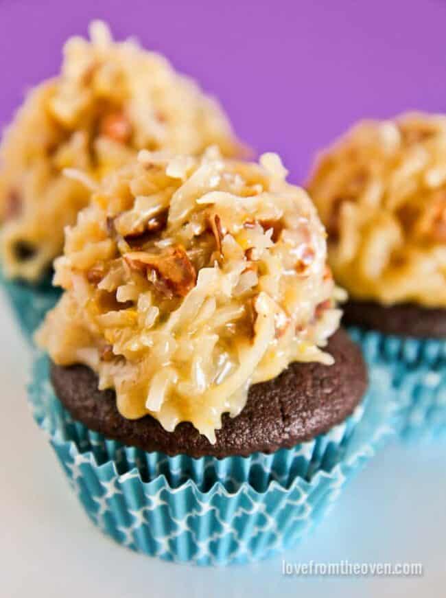 german chocolate cupcakes in blue wrappers