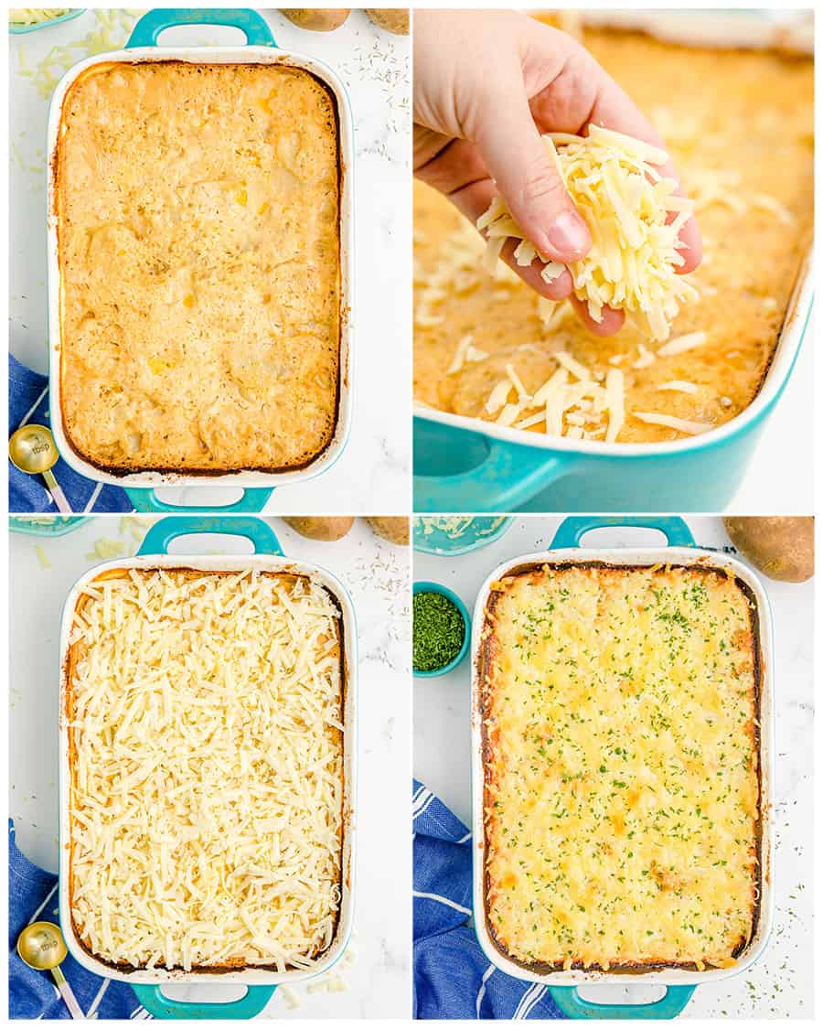 photos of scalloped potatoes in a blue casserole dish