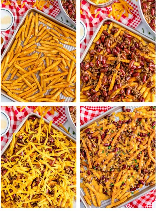 baking sheets with chili cheese fries on them