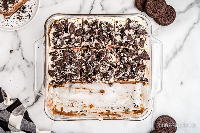 A pan of oreo dirt cake