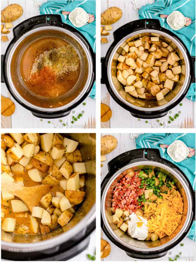 photos showing cheesy potatoes being made in an instant pot