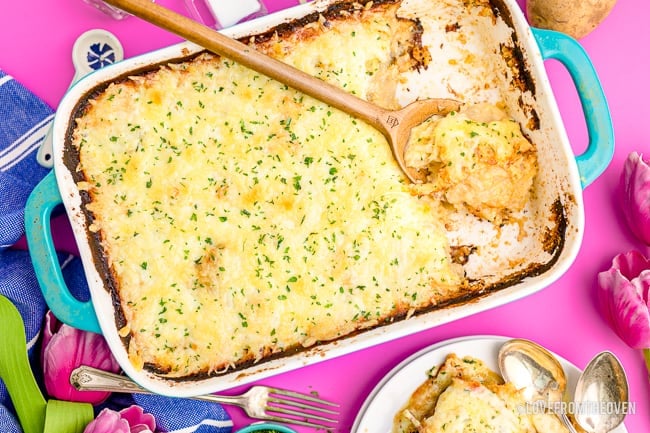 A baking dish of scalloped potatoes