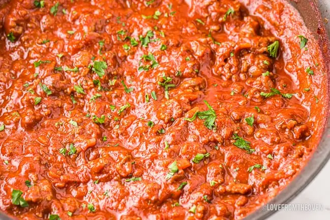 A pan full of spaghetti sauce