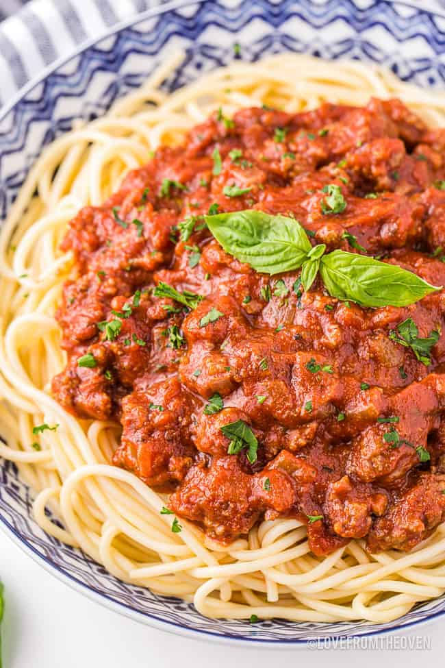 A bowl of pasta with homemade spaghetti sauce