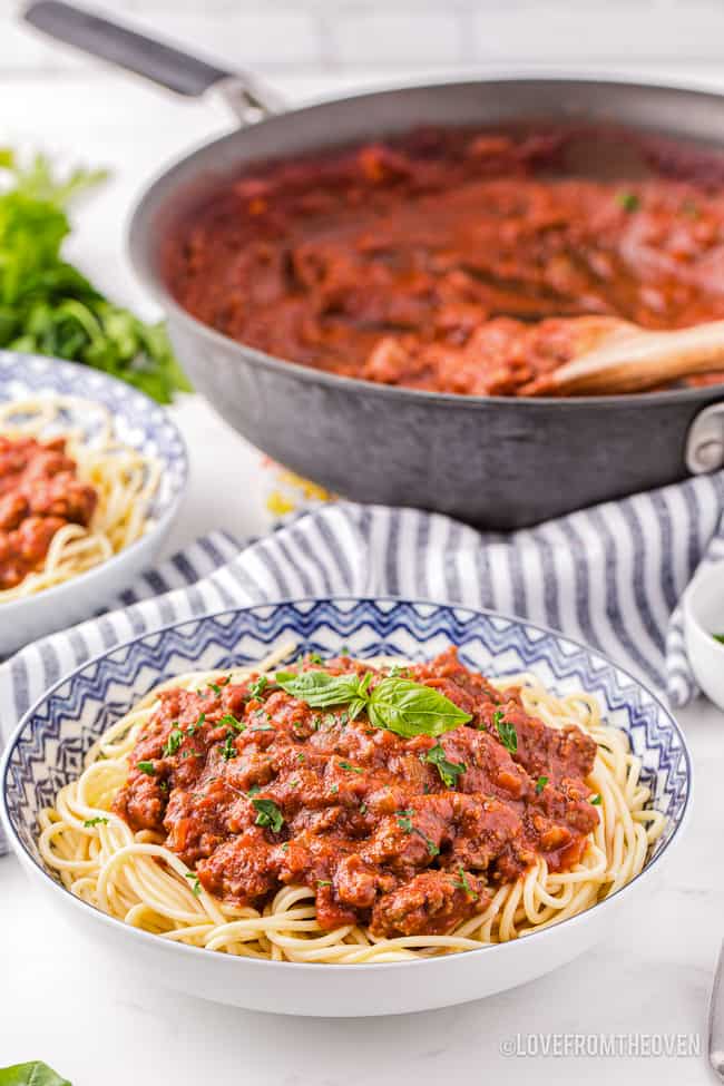 a pan of spaghetti sauce from scratch with a bowl of spaghetti