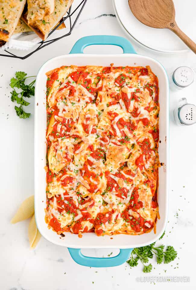 an overhead shot of a pan of stuffed shells