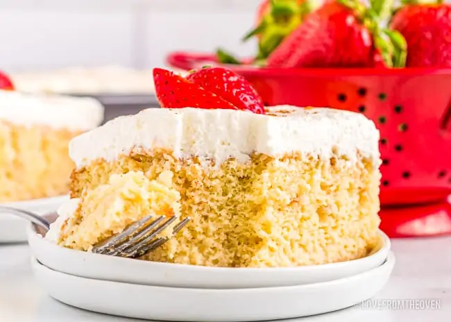 a slice of tres leches cake with a red container behind it