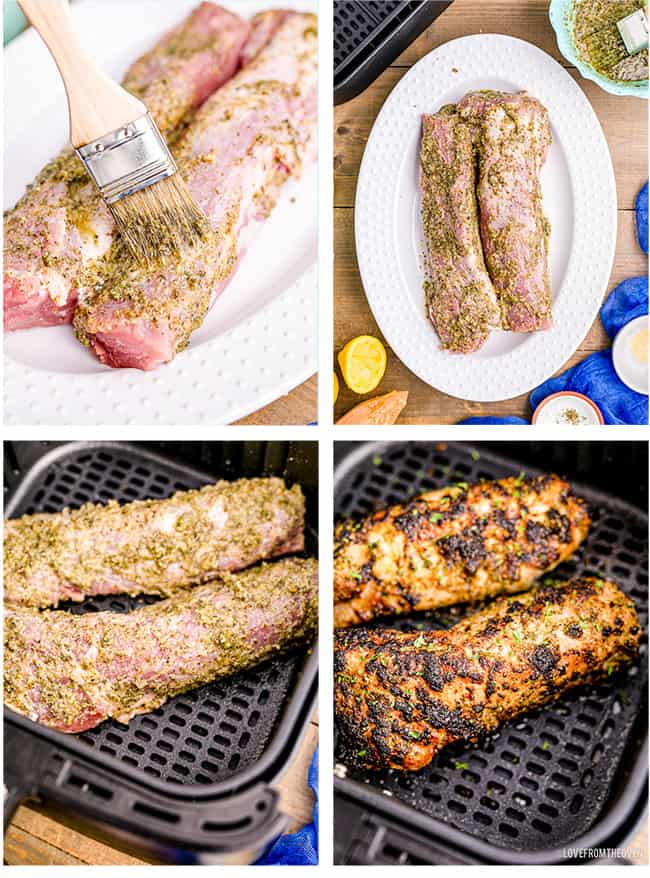 pork tenderloin being prepared in an air fryer