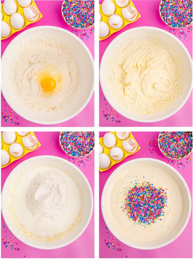 step by step photos showing how to make funfetti cake