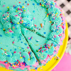 A cake with homemade blue frosting