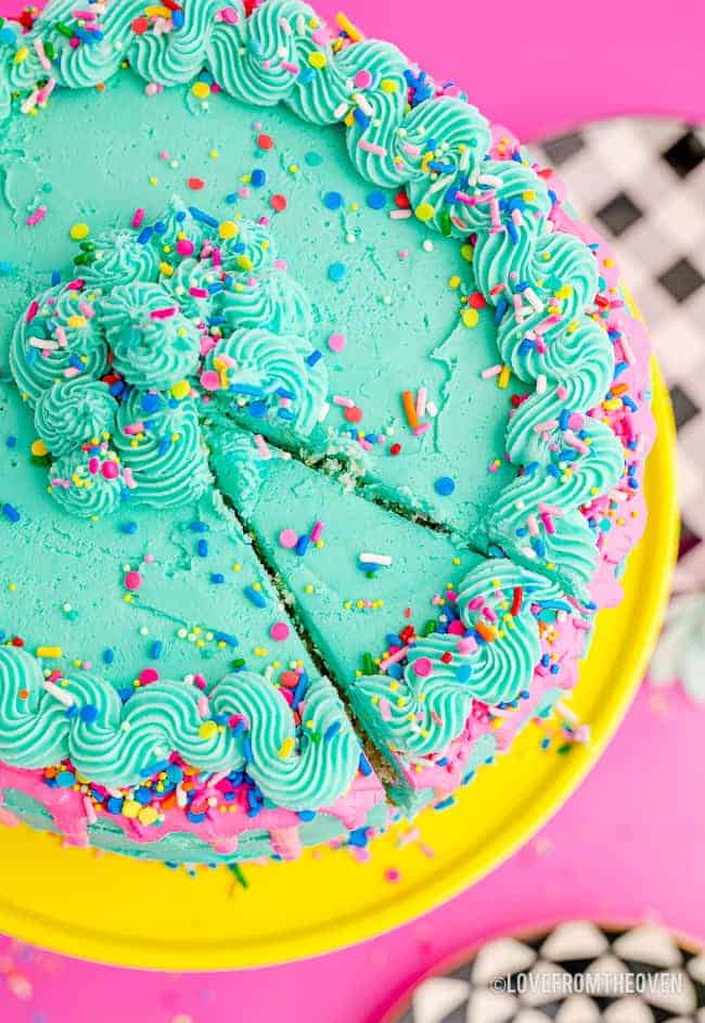 A cake with homemade blue frosting