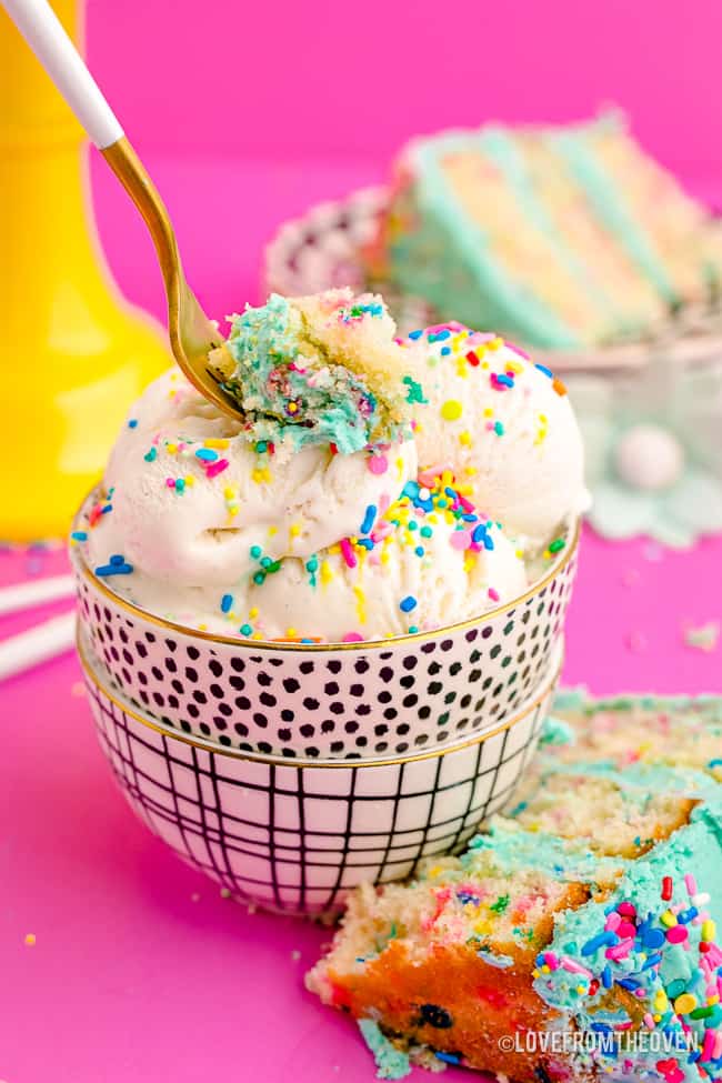 a bowl of ice cream and bite of funfetti cake