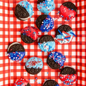 Red and blue chocolate dipped oreos