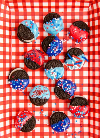 Red and blue chocolate dipped oreos