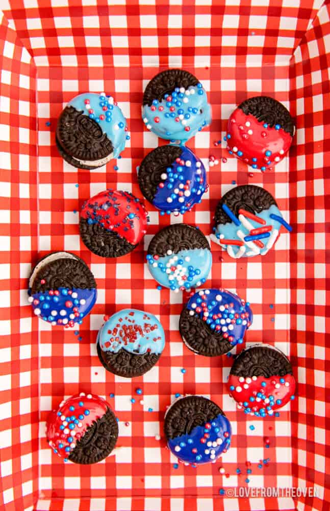 Red and blue chocolate dipped oreos