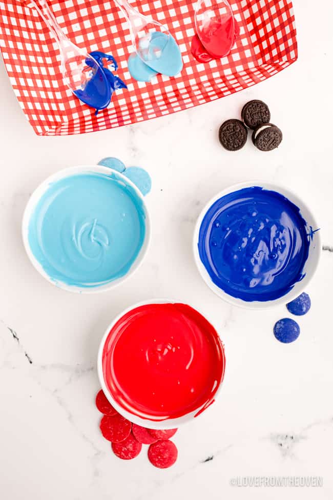 bowls of melted candy coating