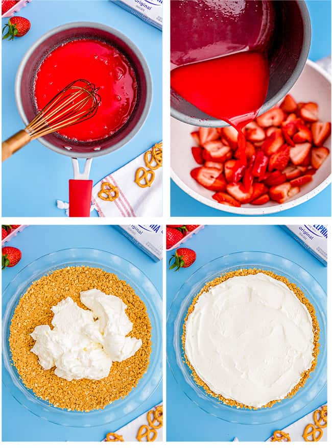 a strawberry pretzel salad being made