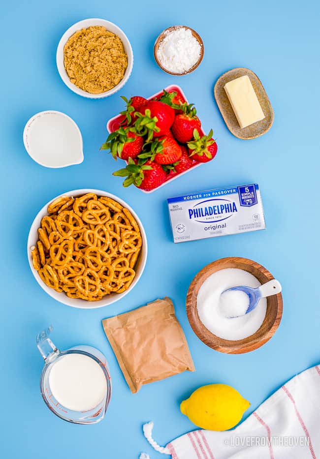 Ingredients to make strawberry pretzel dessert