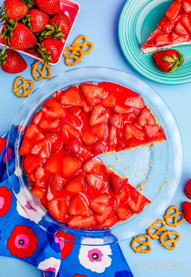 an overhead photo of strawberry pretzel pie