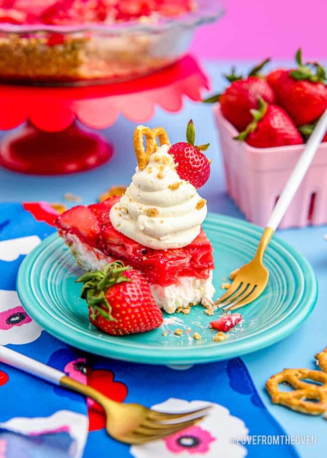 strawberry pretzel salad on a colorful table