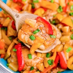 A bowl full of crockpot Hawaiian chicken.