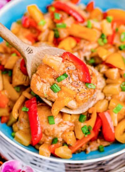 A bowl full of crockpot Hawaiian chicken.