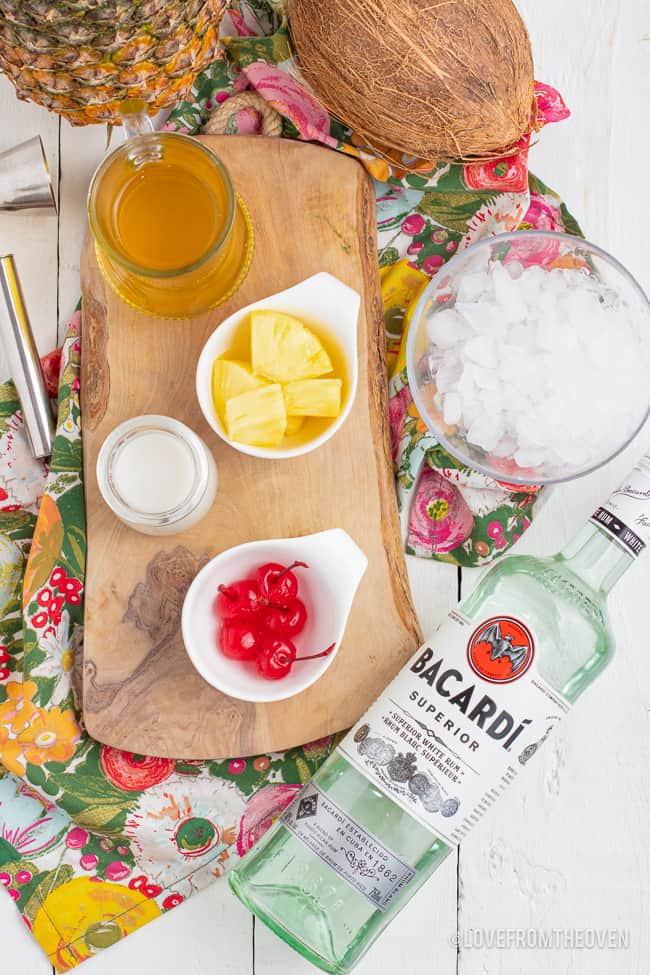 An overhead photo of the ingredients to make a pina colada. 