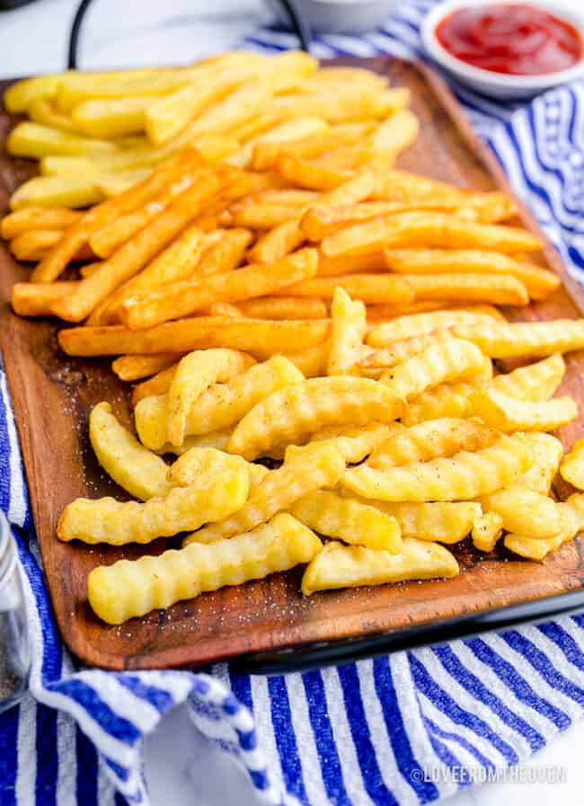 A tray of french fries.