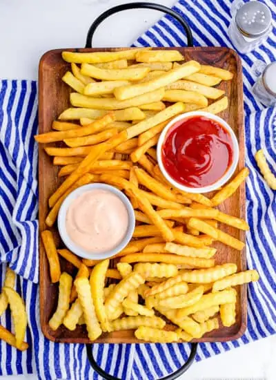 Photos of french fries made in an air fryer.