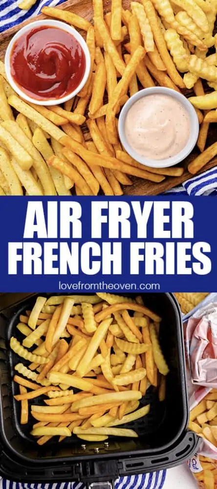 Photos of frozen french fries that were cooked in an air fryer.
