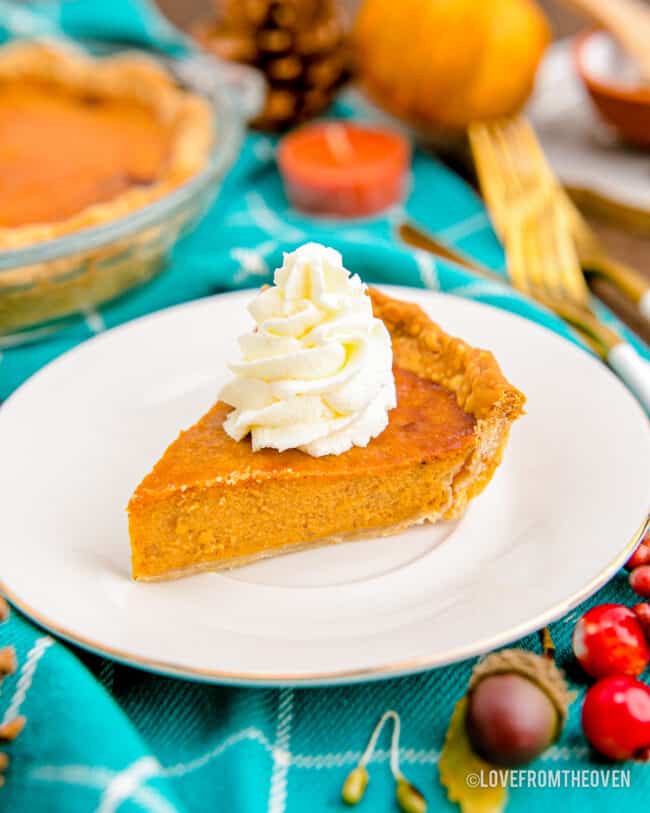 A slice of pumpkin pie made in an air fryer.